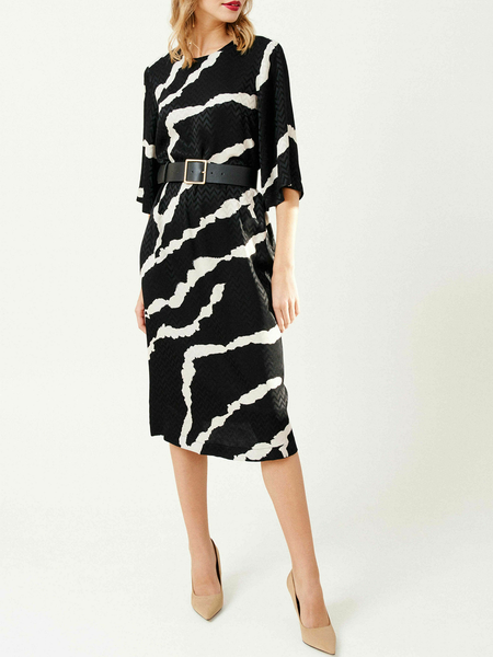 

Regular Fit Geometric Elegant Dress, Black, Midi Dresses