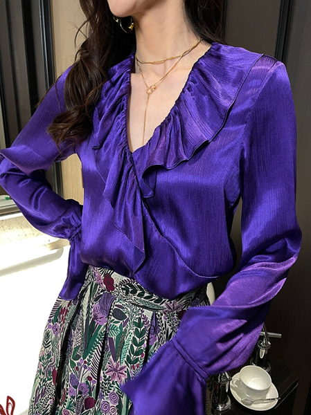 

Flare Sleeve Regular Fit Elegant V Neck Plain Blouse, Purple, Blouses and Shirts