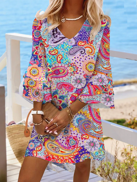 

Plus Size Paisley V Neck Vacation Loose Dress, Multicolor, Dresses