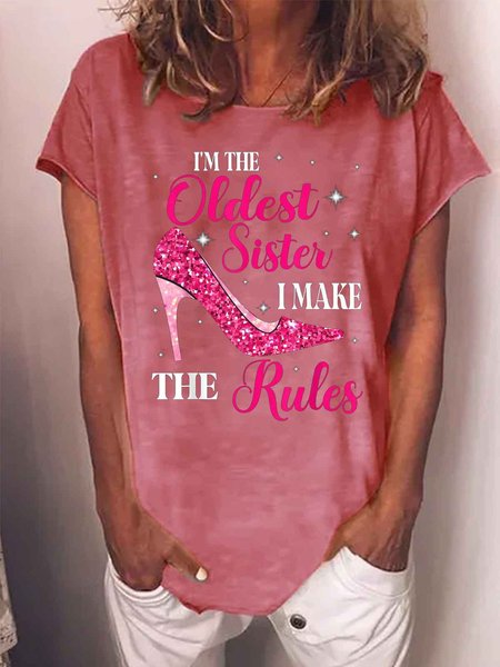 

Women's I'M The Oldest Sister I Make Rules Funny Sparkly High Heels Graphic Printing Crew Neck Text Letters Casual T-Shirt, Red, T-shirts