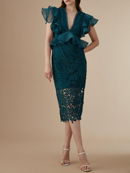 

Elegant V Neck Wedding Guest Dress, Green, Midi Dresses
