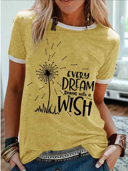

Women's Every Dream Begins With A Wish Funny Dandelion Graphic Printing Casual Cotton-Blend Text Letters Regular Fit T-Shirt, Yellow, T-shirts