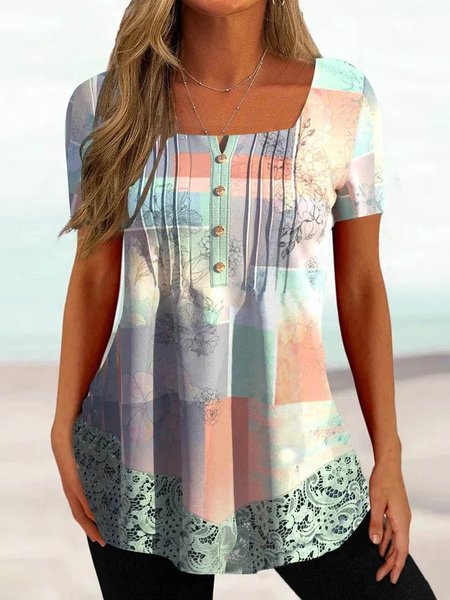 

Casual Lace Color Block Loose Shirt, Multicolor, Shirts & Blouses
