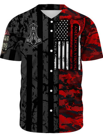 

American Flag Viking Warrior Short Sleeve Baseball Shirt, Black, Baseball Shirts