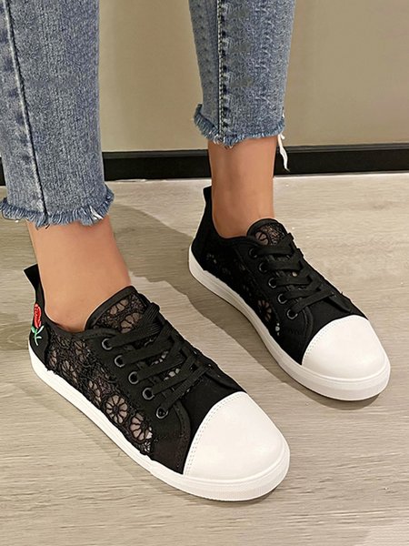 

Breathable Mesh Rose Embroidery Lace-Up Canvas Shoes, Black, Sneakers