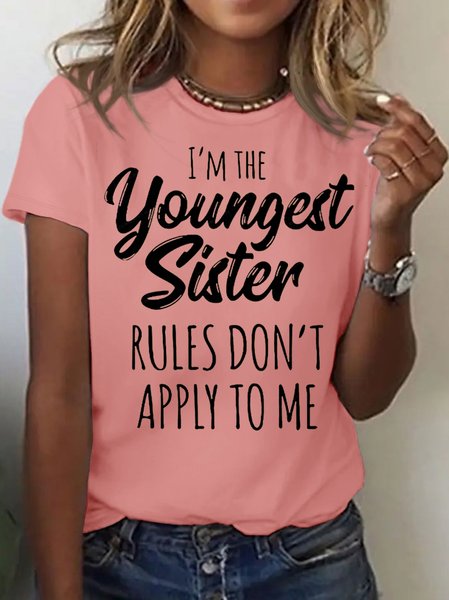 

Women's youngest sister Funny Letters Casual Crew Neck T-Shirt, Pink, T-shirts