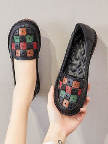 

Vintage Color Block Hollow Out Stitch Detail Flat Shoes, Black, Flats
