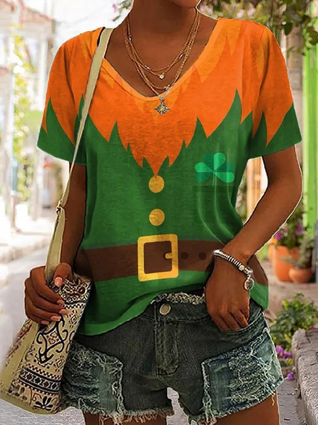 

St. Patrick's Day Print V-Neck Casual T-Shirt, Multicolor, T-Shirts