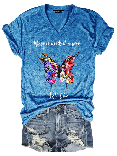 

Women's Whisper Wisdom Let It Be Butterfly Casual Loose V Neck T-Shirt, Blue, T-shirts