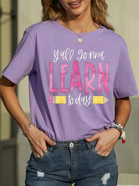 

Women's Y'All Gonna Learn To Day Funny Graphic Printing Casual Text Letters Cotton Crew Neck T-Shirt, Purple, T-shirts