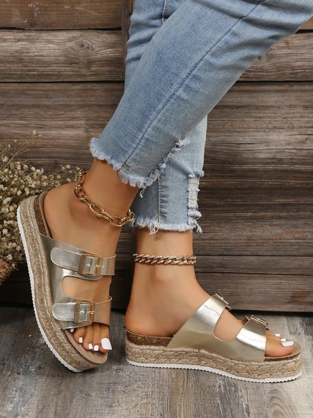 

Buckle Decor Platform Espadrille Footbed Sandals, Golden, Sandals