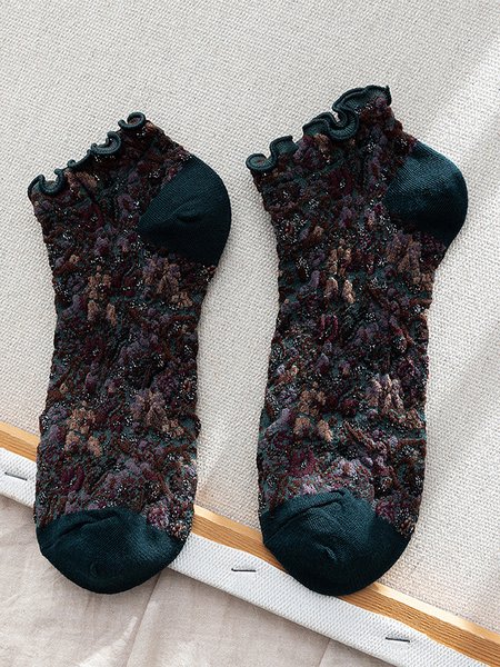 Ethnic Floral Ruffle Cotton Socks Retro Daily Accessories, Green, Socks