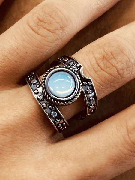 

Ethnic Vintage Opal Moonstone Ring Boho Vacation Jewelry, Silver, Rings