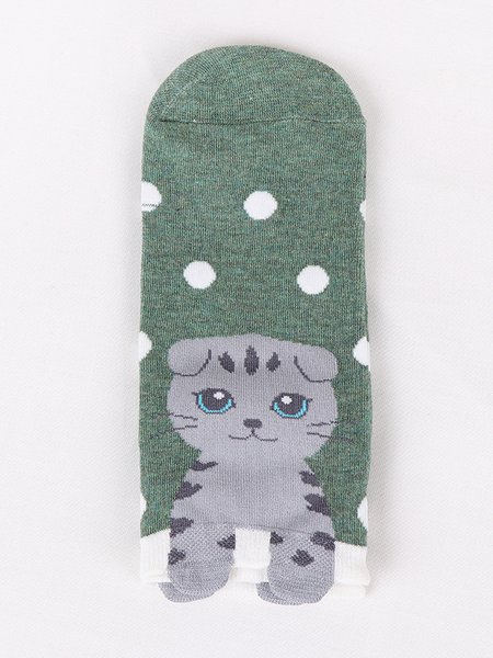 

Daily Casual Cat Pattern Striped Cotton Socks Fun Cartoon Accessories, Green, Socks
