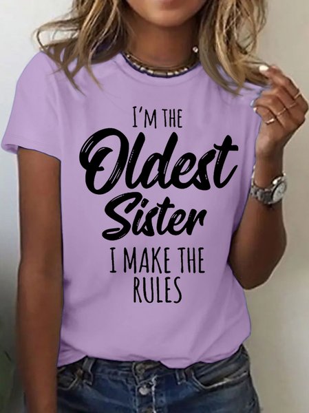 

Women's Oldest Sister Funny Letter Cotton Casual T-Shirt, Purple, T-shirts