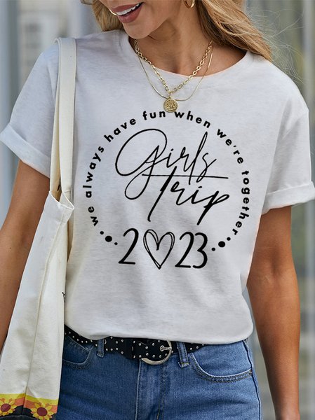 

Women‘s Girls trip 2023 Letters Cotton Casual T-Shirt, White, T-shirts
