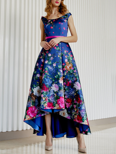 

Satin Floral Crew Neck Elegant Wedding Guest Dress, Blue, Wedding Guest Dresses