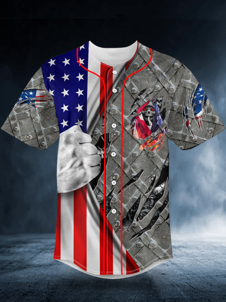 

American Flag Short Sleeve Baseball Shirt, Gray, Baseball Shirts