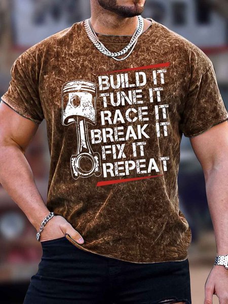 

Men's Build It Tune It Race It Break It Fix It Repeat Funny Graphic Printing Loose Crew Neck Casual Text Letters T-Shirt, Brown, T-shirts
