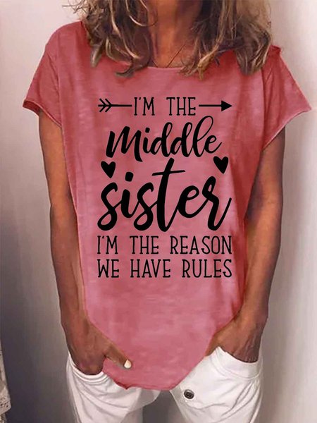 

Women's I'M The Middle Sister I Am Reason We Have Rules Funny Graphic Printing Casual Crew Neck Loose Text Letters T-Shirt, Red, T-shirts