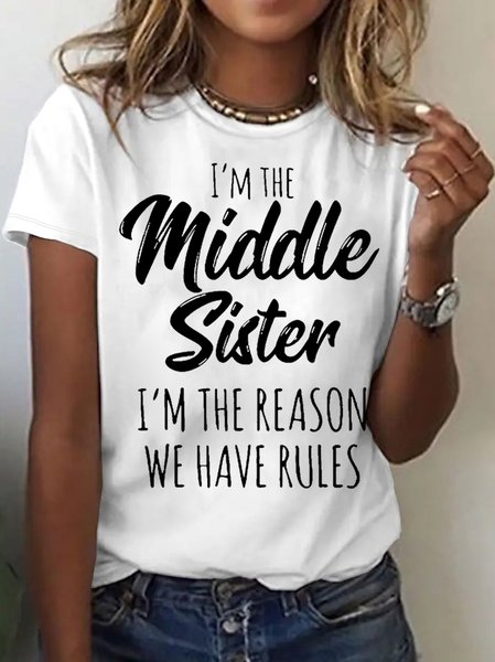 

Women's Funny Middle Sister Casual Letters T-Shirt, White, T-shirts