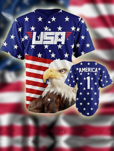 

American Flag Short Sleeve Baseball Shirt, Blue, Baseball Shirts
