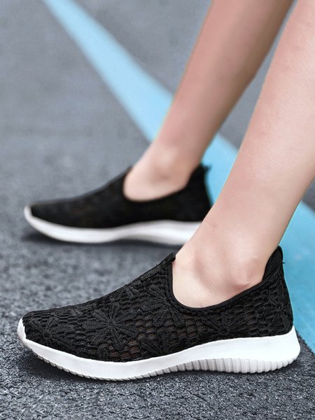 

Floral Embroidery Mesh Slip On Casual Walking Shoes, Black, Sneakers