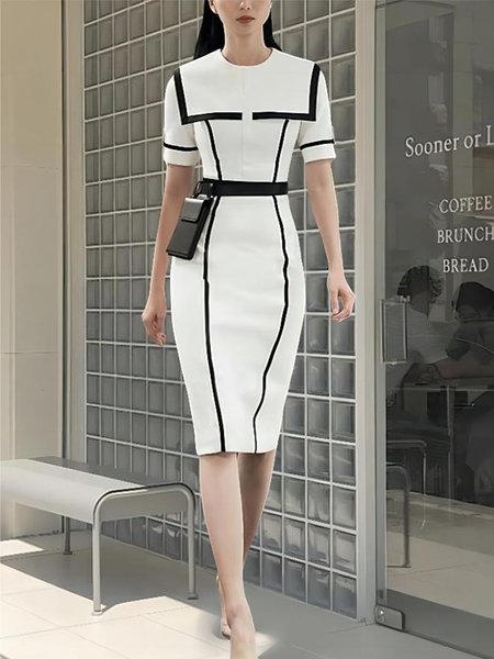 

Elegant Tight Crew Neck Half sleeve Medium Elasticity Color Block Dress, White, Midi Dresses