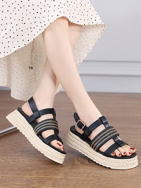 

Chain Decor Braided Platform slingback Espadrille Sandals, Black, Sandals