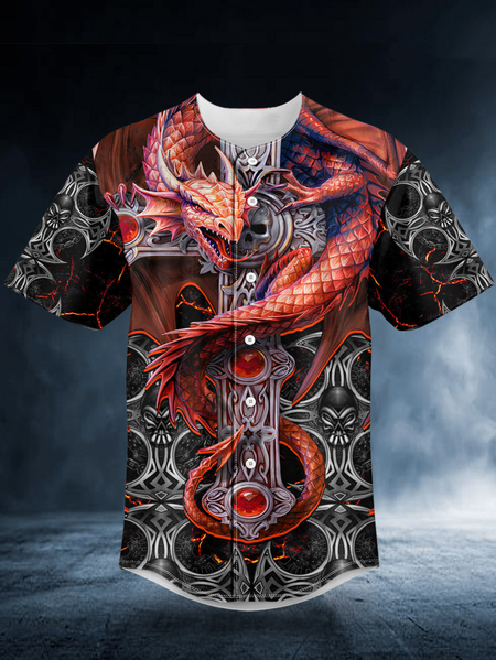 Ancient Dragon Short Sleeve Baseball Shirt, Red, Baseball Shirts