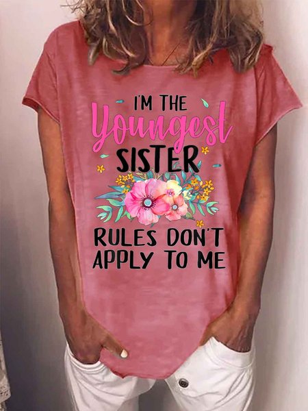 

Women's I'M The Youngest Sister Rules Don‘T Apply To Me Funny Flower Graphic Printing Casual Text Letters Cotton-Blend Loose T-Shirt, Red, T-shirts