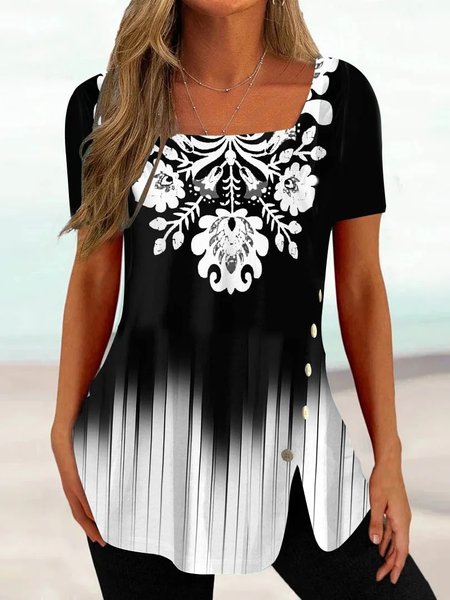 

Ombre Casual Loose Square Neck T-Shirt, Black, T-Shirts