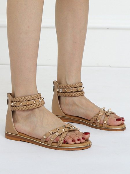 

Studded Decor Criss Cross Back Zip Ankle Strap Sandals, Apricot, Sandals