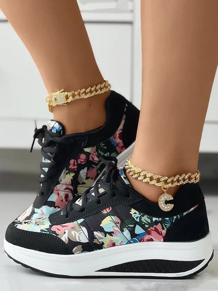 

Casual Floral Printing Platform Lace-up Sneakers, Black, Sneakers
