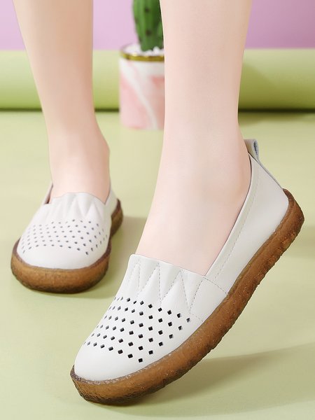 Solid Color Cowhide Hollow Breathable Casual Soft Flat Shoes, Off white, Flats