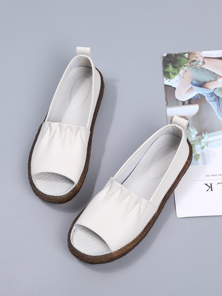 

Solid Crinkled Leather Casual Soft Peepout Flats, Off white, Flats
