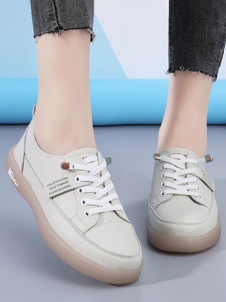 

Solid Color Cowhide Letter Printing Casual Set of Feet Flat Sneakers, Beige, Sneakers