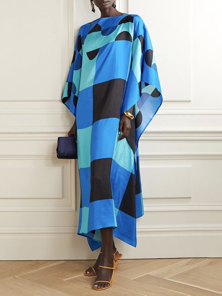

Elegant Geometric Regular Fit Boat Neck Dress, Blue, Maxi Dresses