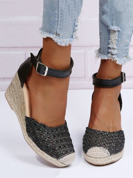 

Vacation Braided Hollow out Wedge Heel Espadrille Sandals, Black, Sandals