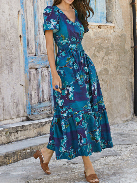 

Floral Loose Casual V Neck Dress, Blue, Dresses
