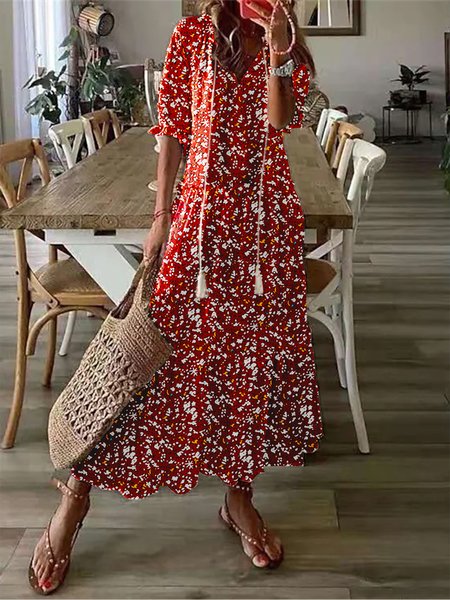 

Women's Shift Dress Short Maxi Dress half Sleeve Floral Print Summer Fall Floral Boho V Neck Loose Dress, Red, Maxi Dresses