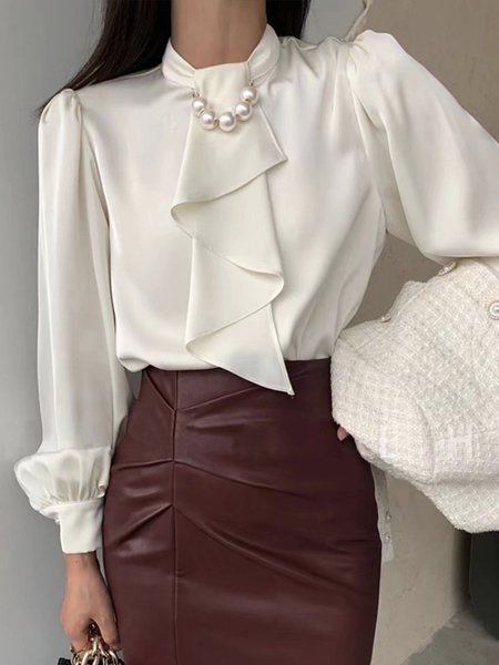 Long sleeve Regular Fit Elegant Plain Stand Collar Blouse, White, Blouses and Shirts