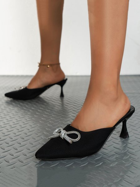 

Rhinestone Bow Decor Pointed Toe Kitten Heel Party Mules, Black, Heels