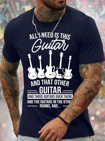 

Men's All I Need Is Guitar And That Other Guitar Funny Love Music Graphic Printing Loose Text Letters Cotton Casual T-Shirt, Purplish blue, T-shirts