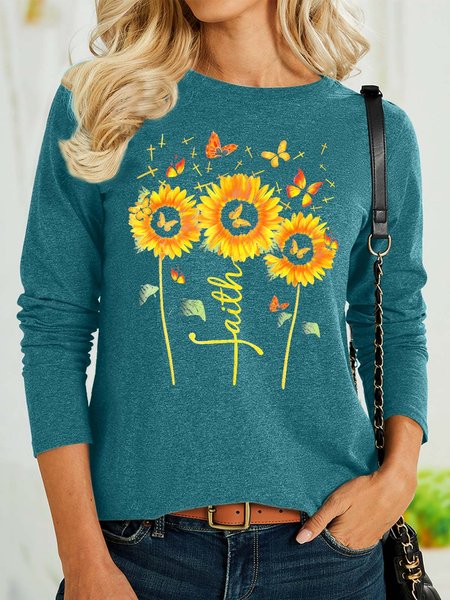 

Women’s Faith Sunflowers Butterflies Casual Text Letters Crew Neck Shirt, Green, Long sleeves