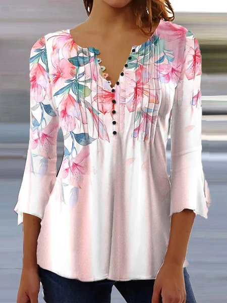 

V Neck Floral Casual Shirt, Pink, Shirts & Blouses