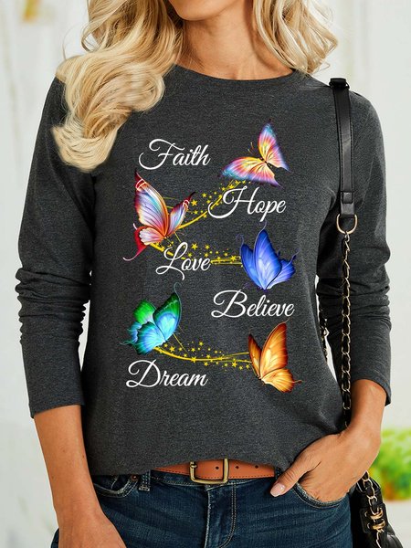 

Women’s Faith Hope Love Believe Dream Casual Text Letters Shirt, Gray, Long sleeves