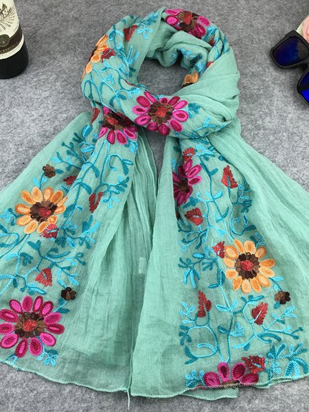 

Ethnic Vintage Floral Pattern Linen Scarf Neck Bohemian Casual Accessories, Cyan, Women Scarves & Shawls