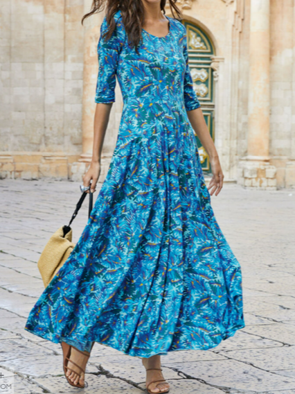 

Loose Casual Crew Neck Leaf Dress, Blue, Dresses