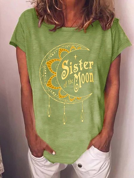 

Women’s Sister Of The Moon Casual Crew Neck Text Letters Cotton T-Shirt, Green, T-shirts